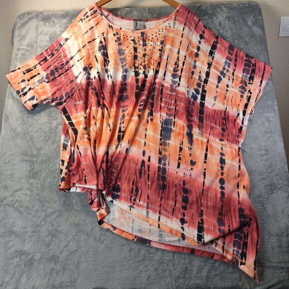 New Directions PlusSize Women TieDye Embellished Asymmetrical Top 3X Orange Pink - Picture 1 of 10